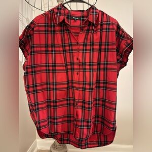 Madewell Central Button Down Short Sleeve Shirt in Dahl Plaid Red Sz. Medium